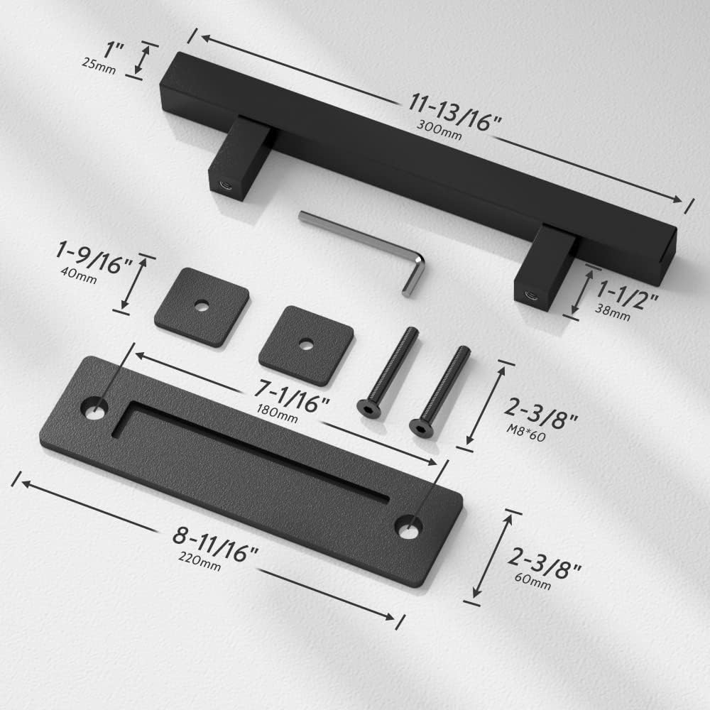 2-Pack 12" Sliding Barn Door Pull Handles | Matte Black | No Gap Flat Plate